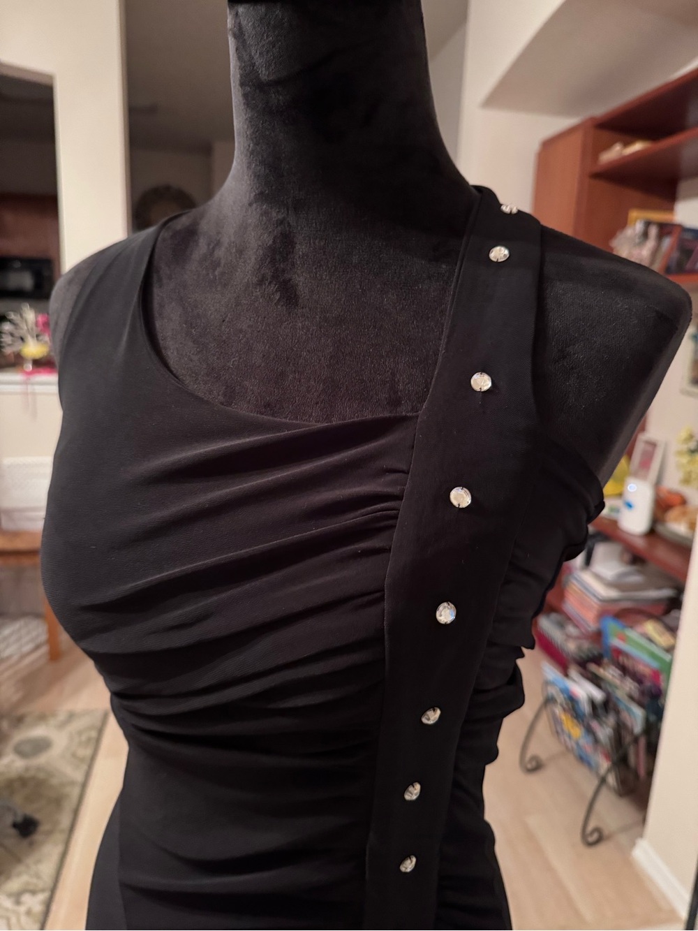 & Other Stories Black One-Shoulder Ruched Dress with Crystal-Stud Strap